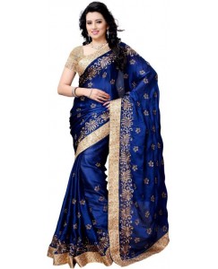 Four Seasons Embroidered Fashion Satin Saree  (Blue)