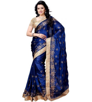 Four Seasons Embroidered Fashion Satin Saree  (Blue)