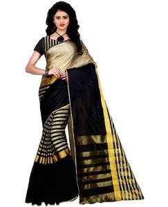 Trendz Style Striped Fashion Tussar Silk, Cotton Linen Blend Saree  (Black