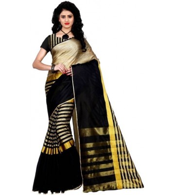 Trendz Style Striped Fashion Tussar Silk, Cotton Linen Blend Saree  (Black