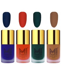 MI Fashion Premium Quality Dull Velvet Matte Nail Polish Duo Pont Flat Brush Exclusive Combo Royal Blue,Orange,Dark Green,Dark Nude  (39.6 ml, Pack of 4)