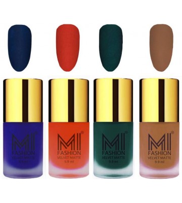 MI Fashion Premium Quality Dull Velvet Matte Nail Polish Duo Pont Flat Brush Exclusive Combo Royal Blue,Orange,Dark Green,Dark Nude  (39.6 ml, Pack of 4)