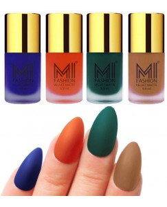 MI Fashion Premium Quality Dull Velvet Matte Nail Polish Duo Pont Flat Brush Exclusive Combo Royal Blue,Orange,Dark Green,Dark Nude  (39.6 ml, Pack of 4)