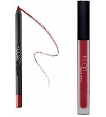 huda Beauty Lip Gloss and Lip Contour Pencil (Red)  (Set of 2)