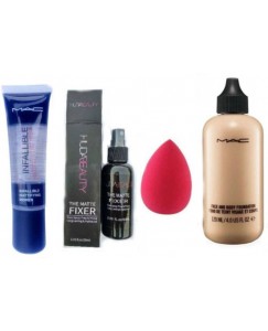 Huda Beauty COMBO MAKEUP FIXER SPRAY WITH BLENDER PUFF SPONGE, MAC FOUNDATION & PRIMER  (Set of 4)