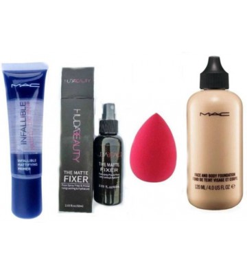 Huda Beauty COMBO MAKEUP FIXER SPRAY WITH BLENDER PUFF SPONGE, MAC FOUNDATION & PRIMER  (Set of 4)