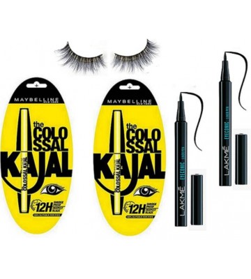 Royal combo Eyelasehs,Maybelline New York Colossol kajal deep black 0.35 gm Pack Of 2,Lakme Eyeconic Pen Eyeliner Liquid Deep Black Pack Of 2  (Set of 5)