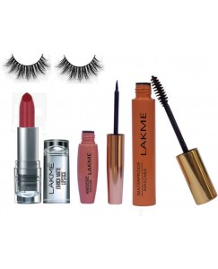 Royal combo Eyelashes &Lakme 9 To 5 Liquid Eyeliner & Mascara ,Enrich Matte Finish Hot Red Lipstick  (Set of 4)