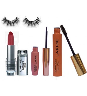 Royal combo Eyelashes &Lakme 9 To 5 Liquid Eyeliner & Mascara ,Enrich Matte Finish Hot Red Lipstick  (Set of 4)