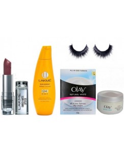 studio eyelashes, Lakme Sun Expert , Olay Ntural White & Lakme Enrich Liptick  (Set of 4)