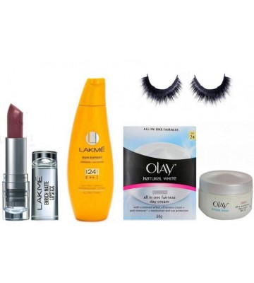 studio eyelashes, Lakme Sun Expert , Olay Ntural White & Lakme Enrich Liptick  (Set of 4)