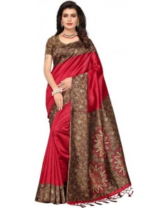 Saara Solid, Floral Print, Printed Daily Wear Poly Silk Saree  (Red, Multicolor)