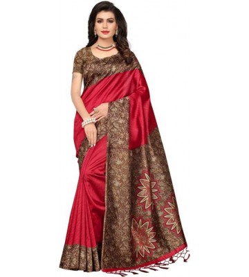 Saara Solid, Floral Print, Printed Daily Wear Poly Silk Saree  (Red, Multicolor)