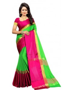 Bhuwal Fashion Solid Fashion Silk Cotton Blend Saree  (Green, Pink, Gold)