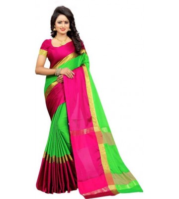 Bhuwal Fashion Solid Fashion Silk Cotton Blend Saree  (Green, Pink, Gold)