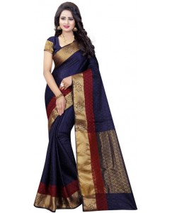 INDIAN CULTURE Printed Banarasi Cotton, Silk Saree  (Dark Blue)