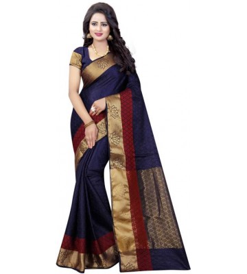 INDIAN CULTURE Printed Banarasi Cotton, Silk Saree  (Dark Blue)