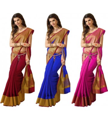 Indianbeauty Solid Bollywood Tussar Silk Saree  (Pack of 3, Multicolor)