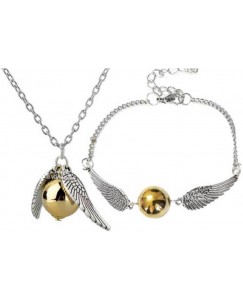 ITS ITS - COMBO Of 2 Angel Wing Charm Golden Snitch Pendent NECKLACE + BRACELET Unisex Jewelery Silver Plated Alloy Necklace Set