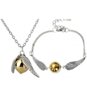 ITS ITS - COMBO Of 2 Angel Wing Charm Golden Snitch Pendent NECKLACE + BRACELET Unisex Jewelery Silver Plated Alloy Necklace Set