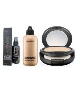 Huda Beauty MAKEUP KIT MAKEUP FIXER SPRAY WITH FOUNDATION & COMPACT (MAC) SUITABLE FOR ALL SKIN  (Set of 3)