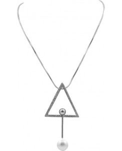 Naveli Silver Plated Long Eternity Triangle Pendent With Crystal Pearl Necklace Silver Plated Brass Necklace