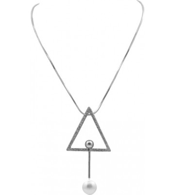 Naveli Silver Plated Long Eternity Triangle Pendent With Crystal Pearl Necklace Silver Plated Brass Necklace