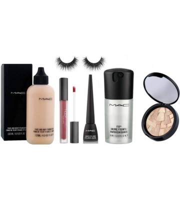 Professional kit of MAC FACE & BODY foundation,HUDA Cheer leader lip gloss,liquidlast liner,Brume fixante & anathesia riviera illuminator & eyelashes  (Set of 6)