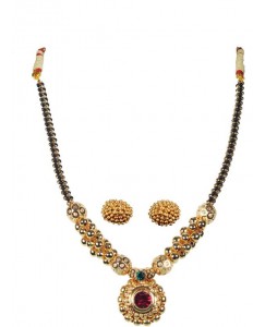 soubhagya Traditional Black Pearl Lambat Mani Pendent Kolhapuri Thushi With Earrings 24K Yellow Gold Plated Copper Necklace Set