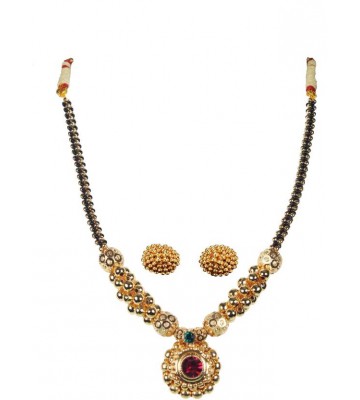 soubhagya Traditional Black Pearl Lambat Mani Pendent Kolhapuri Thushi With Earrings 24K Yellow Gold Plated Copper Necklace Set