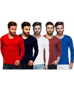 Tripr Solid Men's V-neck Multicolor, Red, Dark Blue, White, Maroon, Blue T-Shirt  (Pack of 5)