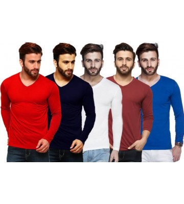 Tripr Solid Men's V-neck Multicolor, Red, Dark Blue, White, Maroon, Blue T-Shirt  (Pack of 5)