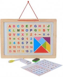 Wishkey Two Sided Magnetic White & Blackboard With Tangram Educational Wooden Toy, Alphabets, Numbers, Signs & Shapes Tray with Picture, Medium Size  (Multicolor)