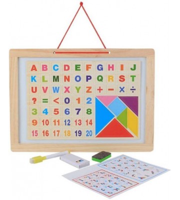 Wishkey Two Sided Magnetic White & Blackboard With Tangram Educational Wooden Toy, Alphabets, Numbers, Signs & Shapes Tray with Picture, Medium Size  (Multicolor)