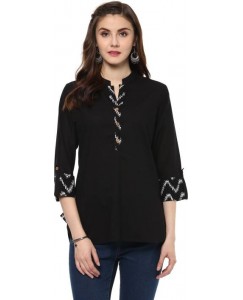 Krapal Party 3/4th Sleeve Printed Women Black Top